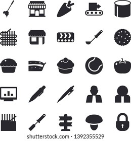 Solid vector icon set - ladle flat vector, kitchen spatula, mushroom, tomato, carrot, cupcake, piece of cake, biscuit, conveyor, fabric manufacture, pipe production, store front, person, pen, golf