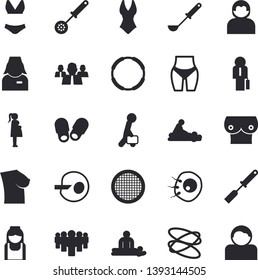 Solid vector icon set - ladle flat vector, kitchen spatula, spoon, sieve, team, massage, gestation, nurse, breast, artificial insemination, businessman, waistline, swimsuit, hoop, slippers fector