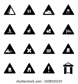Solid vector icon set - landslide vector road sign, oncoming traffic, steep descent, slippery, pedestrian, wild animals, railway intersection, side wind, gravel, narrows, attention, pennant