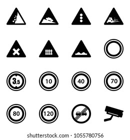 Solid vector icon set - landslide vector road sign, steep descent, traffic light, gravel, railway intersection, rough, prohibition, limited height, speed limit 10, 40, 70, 80, 120, end overtake