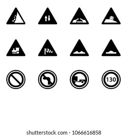 Solid vector icon set - landslide vector road sign, oncoming traffic, drawbridge, steep roadside, railway intersection, side wind, rough, artificial unevenness, prohibition, no left turn, trailer