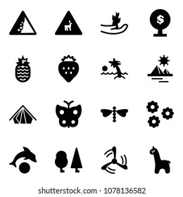 Solid vector icon set - landslide vector road sign, wild animals, hand sproute, money tree, pineapple, strawberry, palm, pyramid, tent, butterfly, dragonfly, flower, dolphin, forest, wind mill