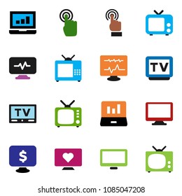 solid vector icon set - laptop graph vector, monitor dollar, heart, tv, touchscreen, diagnostic