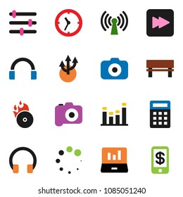 solid vector icon set - laptop graph vector, clock, music hit, camera, equalizer, headphones, forward button, bench, loading, route arrow, wireless, calculator, tap pay