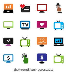 solid vector icon set - laptop graph vector, monitor dollar, heart, tv, touchscreen, diagnostic