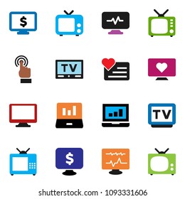 solid vector icon set - laptop graph vector, monitor dollar, heart, tv, touchscreen, diagnostic