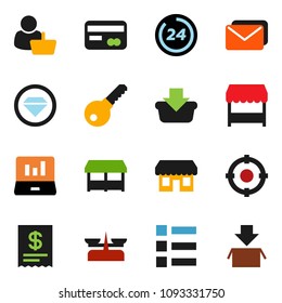 solid vector icon set - laptop graph vector, credit card, 24 hour, market, store, customer, target, receipt, basket, mail, diamond ring, menu, password, scales, package