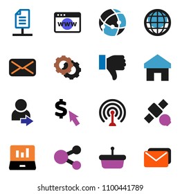 solid vector icon set - laptop graph vector, dollar cursor, satellite, antenna, finger down, mail, connection, browser, gear, share, home, globe, network document, login, basket