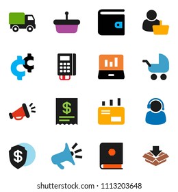 solid vector icon set - laptop graph vector, wallet, cent sign, customer, support, card reader, receipt, basket, delivery, mail, catalog, loudspeaker, baby stroller, dollar shield, package