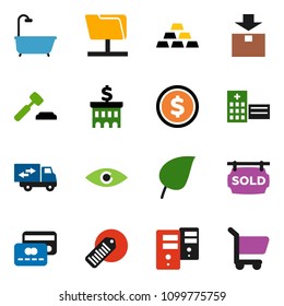 solid vector icon set - leaf vector, dollar coin, auction, bank building, gold ingot, package, barcode, eye, hospital, network folder, server, sold signboard, bath, relocation truck, credit card