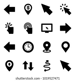 Solid vector icon set - left arrow vector, dollar pin, cursor, hand touch, monitor, right, time, map, atm, up down arrows, trip