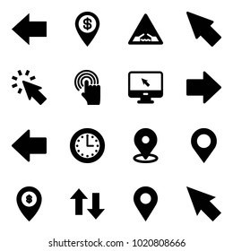 Solid vector icon set - left arrow vector, dollar pin, drawbridge road sign, cursor, hand, monitor, right, time, map, atm, up down arrows, navigation