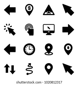 Solid vector icon set - left arrow vector, dollar pin, drawbridge road sign, cursor, hand, monitor, right, time, map, atm, up down arrows, trip, navigation