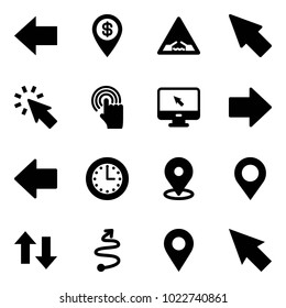 Solid vector icon set - left arrow vector, dollar pin, drawbridge road sign, cursor, hand, monitor, right, time, map, up down arrows, trip, navigation