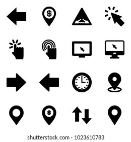 Solid vector icon set - left arrow vector, dollar pin, drawbridge road sign, cursor, hand touch, monitor, right, time, map, atm, up down arrows, navigation