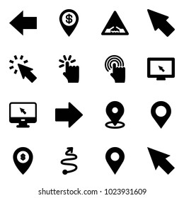 Solid vector icon set - left arrow vector, dollar pin, drawbridge road sign, cursor, hand touch, monitor, right, map, atm, trip, navigation