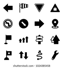 Solid vector icon set - left arrow vector, side wind, giving way road sign, tunnel, no turn, detour, right, map pin, flag, arrows up, signpost, down, trip, wrench