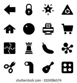 Solid vector icon set - left arrow vector, lock, christmas star, round motion road sign, home, record, printer, cart, puzzle, chess tower, banana, molecule, scissors, allen key, guitar