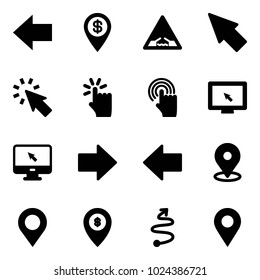 Solid vector icon set - left arrow vector, dollar pin, drawbridge road sign, cursor, hand touch, monitor, right, map, atm, trip, navigation