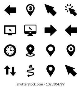 Solid vector icon set - left arrow vector, dollar pin, cursor, monitor, right, time, map, atm, up down arrows, trip, navigation