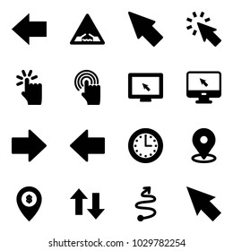 Solid vector icon set - left arrow vector, drawbridge road sign, cursor, hand touch, monitor, right, time, map pin, atm, up down arrows, trip