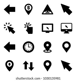 Solid vector icon set - left arrow vector, dollar pin, drawbridge road sign, cursor, hand touch, monitor, time, map, atm, up down arrows, navigation