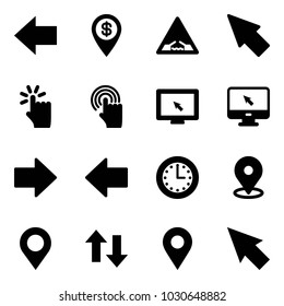 Solid vector icon set - left arrow vector, dollar pin, drawbridge road sign, cursor, hand touch, monitor, right, time, map, up down arrows, navigation