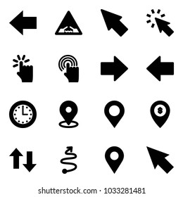 Solid vector icon set - left arrow vector, drawbridge road sign, cursor, hand touch, right, time, map pin, atm, up down arrows, trip, navigation