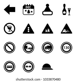 Solid vector icon set - left arrow vector, christmas calendar, hat, wine, no alcohol sign, traffic light road, children, gravel, prohibition, trailer, truck, speed limit 130, bus, overtake