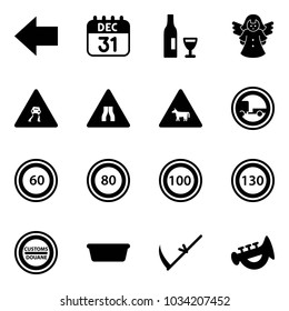 Solid vector icon set - left arrow vector, 31 dec calendar, wine, angel, slippery road sign, narrows, cow, no trailer, speed limit 60, 80, 100, 130, customs, basin, scythe, horn toy