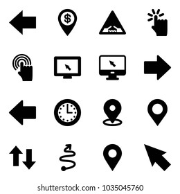 Solid vector icon set - left arrow vector, dollar pin, drawbridge road sign, hand touch, cursor, monitor, right, time, map, up down arrows, trip, navigation