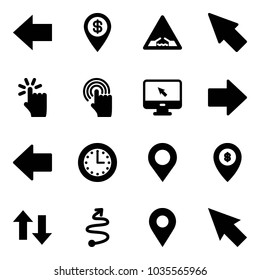 Solid vector icon set - left arrow vector, dollar pin, drawbridge road sign, cursor, hand touch, monitor, right, time, map, atm, up down arrows, trip, navigation