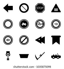 Solid vector icon set - left arrow vector, prohibition road sign, stop, railway intersection, no moto, limited width, speed limit 10, 80, parking, fast backward, flag, laser, basin, scythe, toy car