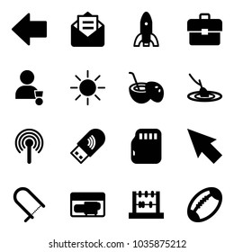 Solid vector icon set - left arrow vector, opened mail, rocket, portfolio, winner, sun, coconut cocktail, fishing, antenna, usb wi fi, micro flash card, cursor, fretsaw, generator, abacus, football