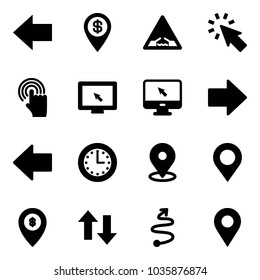 Solid vector icon set - left arrow vector, dollar pin, drawbridge road sign, cursor, hand, monitor, right, time, map, atm, up down arrows, trip, navigation