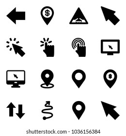 Solid vector icon set - left arrow vector, dollar pin, drawbridge road sign, cursor, hand touch, monitor, map, atm, up down arrows, trip, navigation