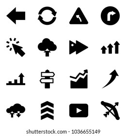 Solid vector icon set - left arrow vector, exchange, turn road sign, only right, cursor, upload cloud, fast forward, arrows up, growth, signpost, data, chevron, playback, bow