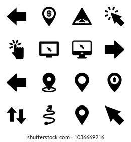 Solid vector icon set - left arrow vector, dollar pin, drawbridge road sign, cursor, hand touch, monitor, right, map, atm, up down arrows, trip, navigation