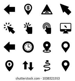 Solid vector icon set - left arrow vector, dollar pin, drawbridge road sign, cursor, hand touch, monitor, time, map, atm, up down arrows, trip, navigation