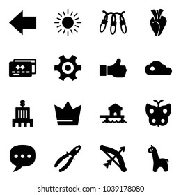 Solid vector icon set - left arrow vector, sun, garland, heart, credit card, gear, like, cloud, bank building, crown, bungalow, butterfly, chat, pliers, bow, toy giraffe