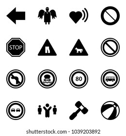 Solid vector icon set - left arrow vector, angel, heart beat, prohibition road sign, stop, narrows, cow, no turn, dangerous cargo, speed limit 80, bus, overtake, team leader, toy hammer, beach ball