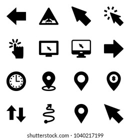 Solid vector icon set - left arrow vector, drawbridge road sign, cursor, hand touch, monitor, right, time, map pin, atm, up down arrows, trip, navigation