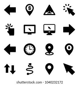 Solid vector icon set - left arrow vector, dollar pin, drawbridge road sign, cursor, hand touch, monitor, right, time, map, atm, up down arrows, trip, navigation