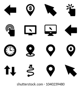 Solid vector icon set - left arrow vector, dollar pin, cursor, hand touch, monitor, time, map, atm, up down arrows, trip, navigation