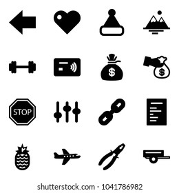 Solid vector icon set - left arrow vector, heart, christmas hat, mountains, barbell, tap pay, money bag, encashment, stop road sign, settings, link, document, pineapple, plane, pliers, trailer