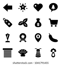 Solid vector icon set - left arrow vector, christmas star, heart, merry message, medical label, three leafs, money bag, cart, pennant, medal, atm map pin, banana, jalousie, shell, pyramid toy