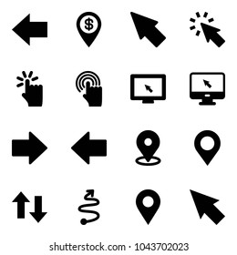 Solid vector icon set - left arrow vector, dollar pin, cursor, hand touch, monitor, right, map, up down arrows, trip, navigation