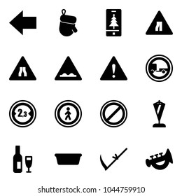 Solid vector icon set - left arrow vector, christmas glove, mobile, Road narrows sign, rough, attention, no trailer, limited width, pedestrian, parking, pennant, wine, basin, scythe, horn toy