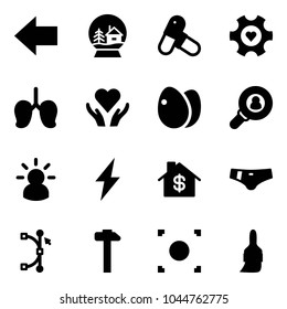 Solid vector icon set - left arrow vector, snowball house, pills, heart gear, lungs, care, eggs, head hunter, idea, lightning, home dollar, swimsuit, bezier, hammer, record button, brush