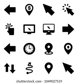 Solid vector icon set - left arrow vector, dollar pin, cursor, hand touch, monitor, right, time, map, atm, up down arrows, trip, navigation